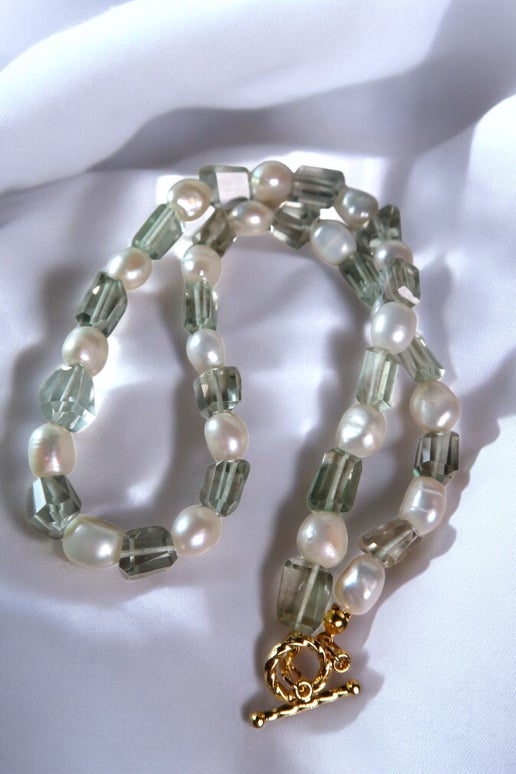 Green Amethyst & Freshwater Pearl Necklace - Gold Clasp