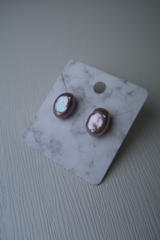 Mauve Oval Shape Natural Freshwater Pearl Studs - Sterling Silver