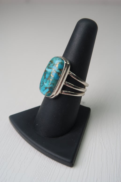 Vintage Blue Copper Turquoise Ring in Sterling Silver - Size 7.5