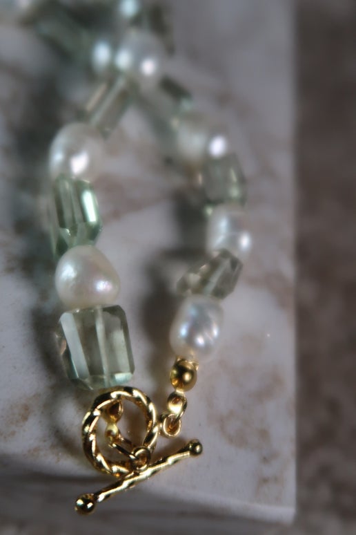 Green Amethyst & Freshwater Pearl Necklace - Gold Clasp
