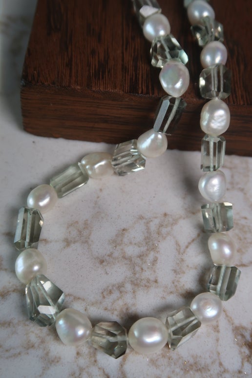 Green Amethyst & Freshwater Pearl Necklace - Gold Clasp