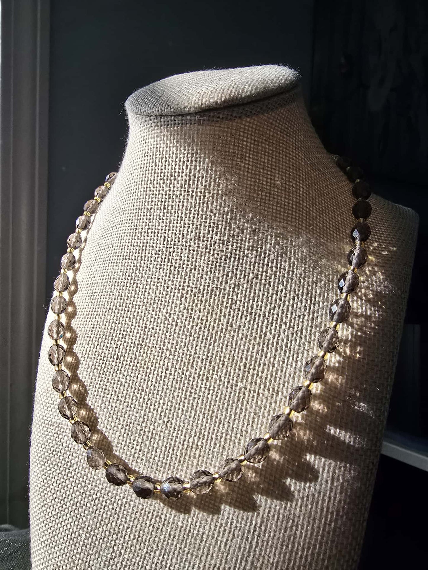 Smoky Quartz Necklace • 6.7–7mm Faceted Rounds • 17–19.5” Adjustable