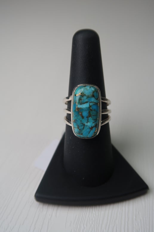 Vintage Blue Copper Turquoise Ring in Sterling Silver - Size 7.5