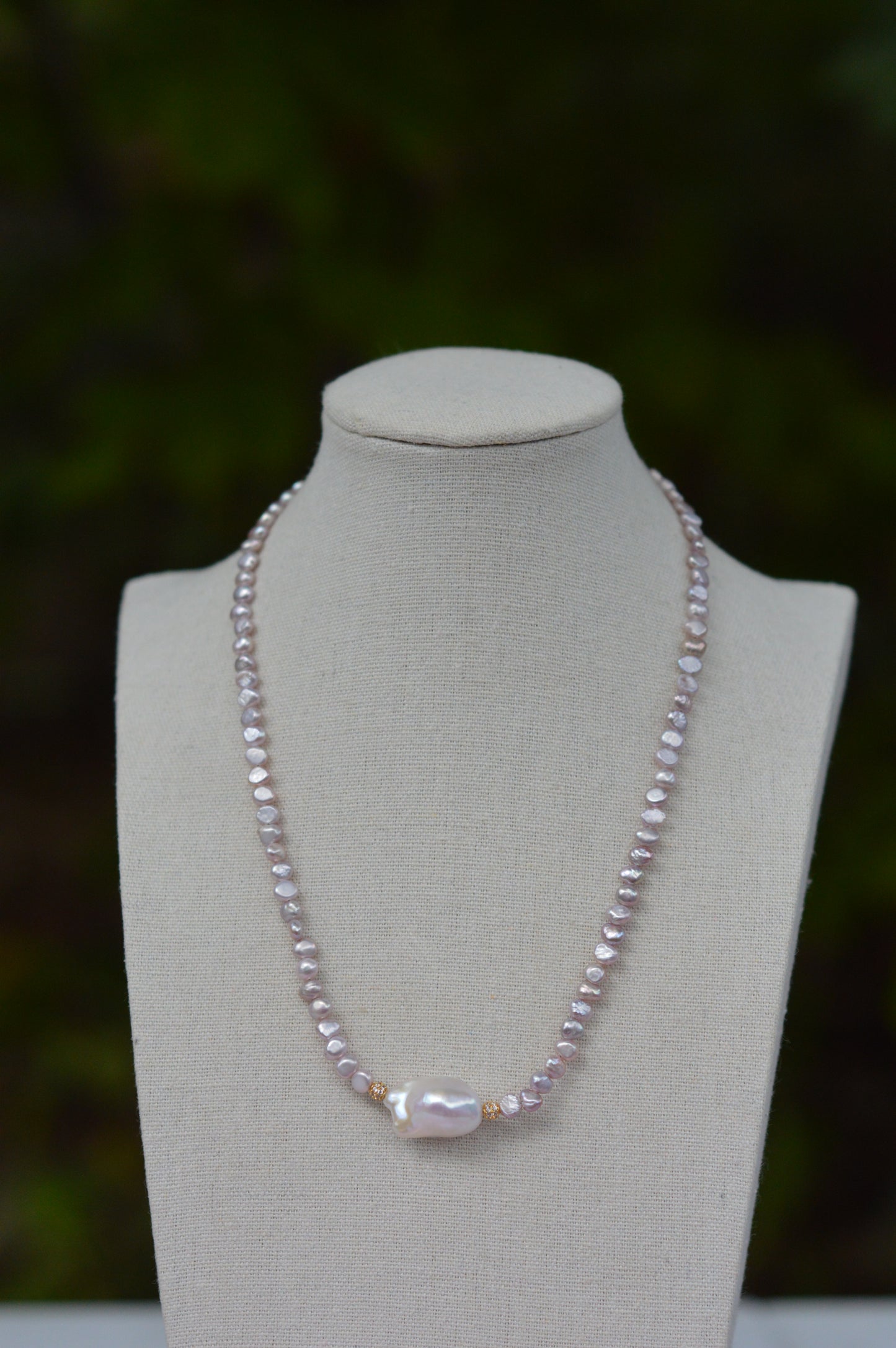 Metallic Pink Freshwater Pearl Necklace with White Baroque Center – 17–19"