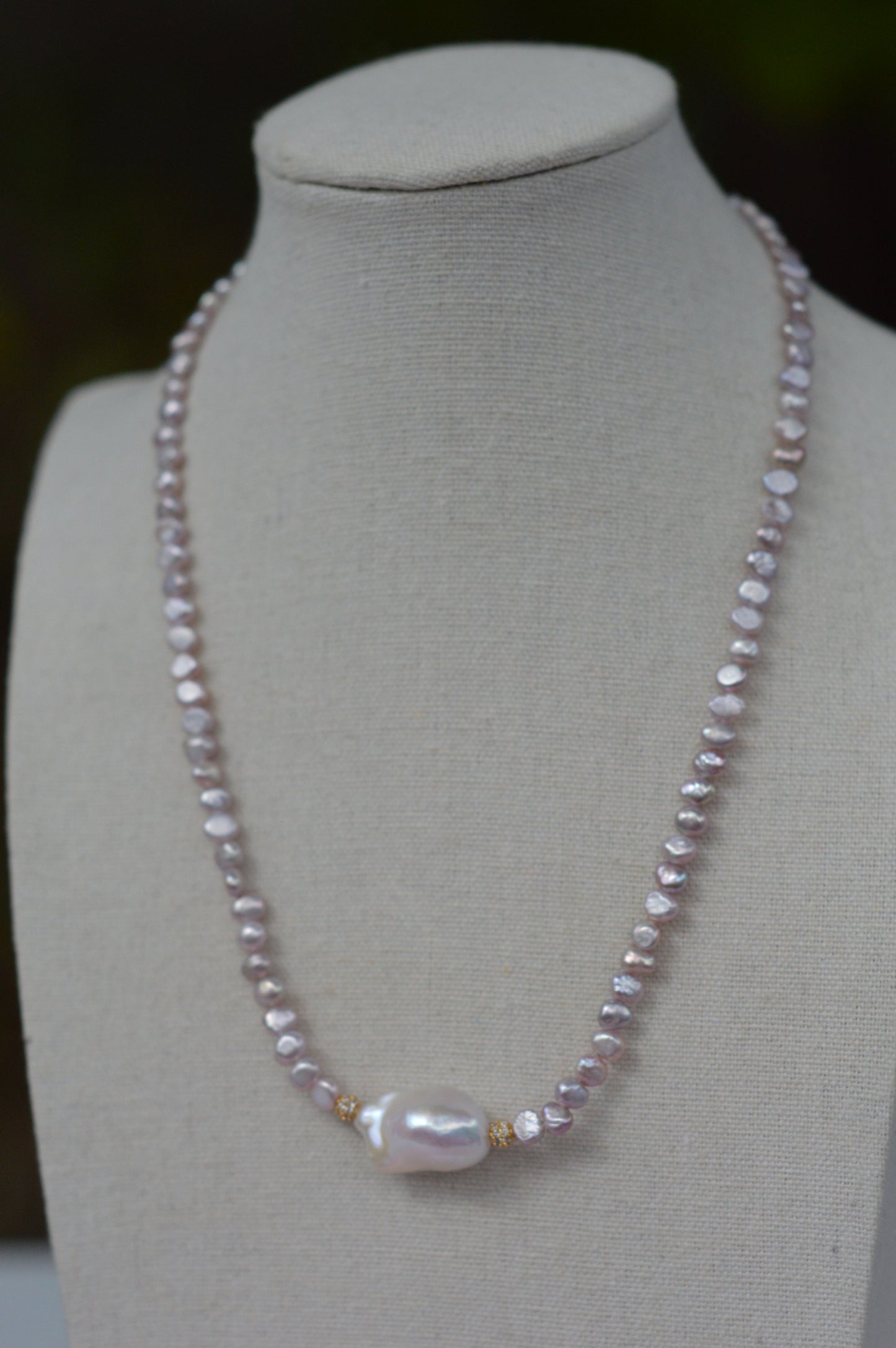 Metallic Pink Freshwater Pearl Necklace with White Baroque Center – 17–19"