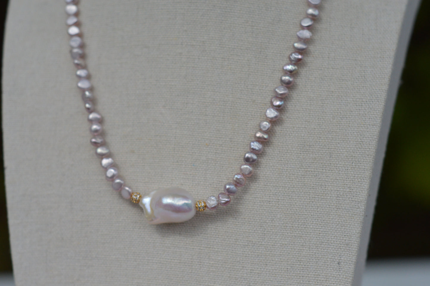 Metallic Pink Freshwater Pearl Necklace with White Baroque Center – 17–19"