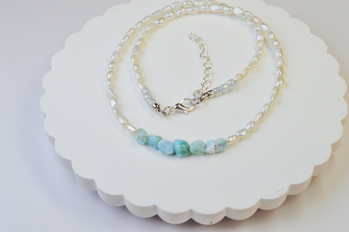 Larimar & Keshi Pearl Necklace 17.5-19.5"