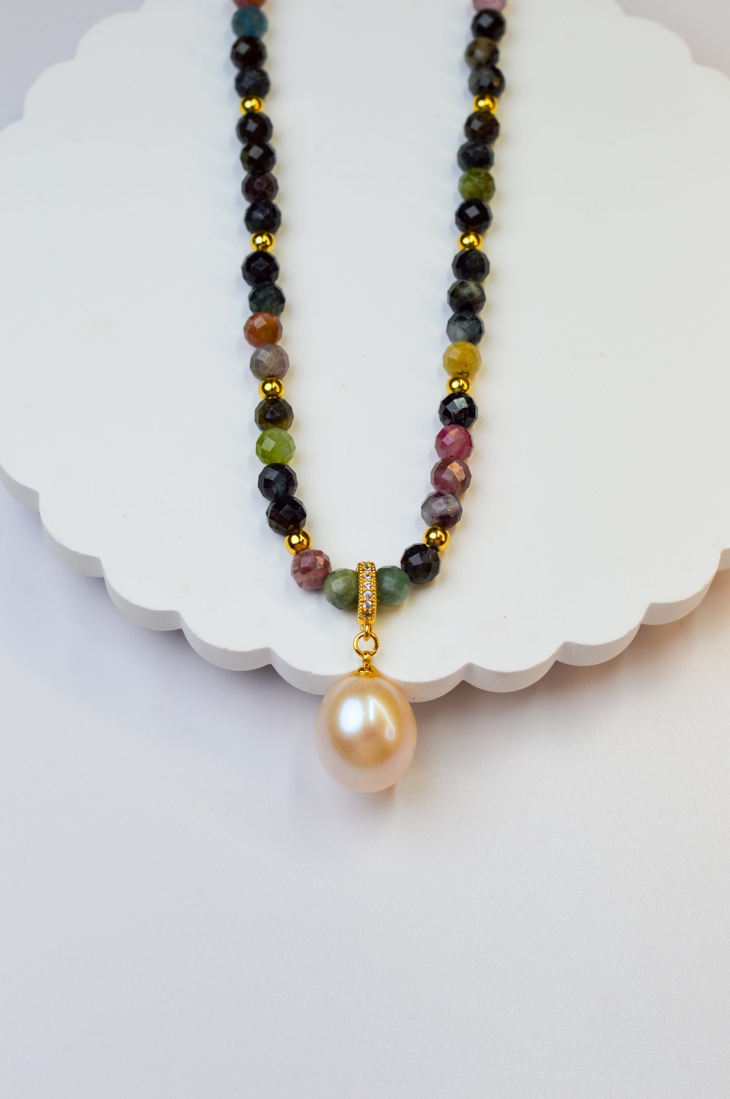 Tourmaline & King Size Edison Pearl Pendant Necklace 19"