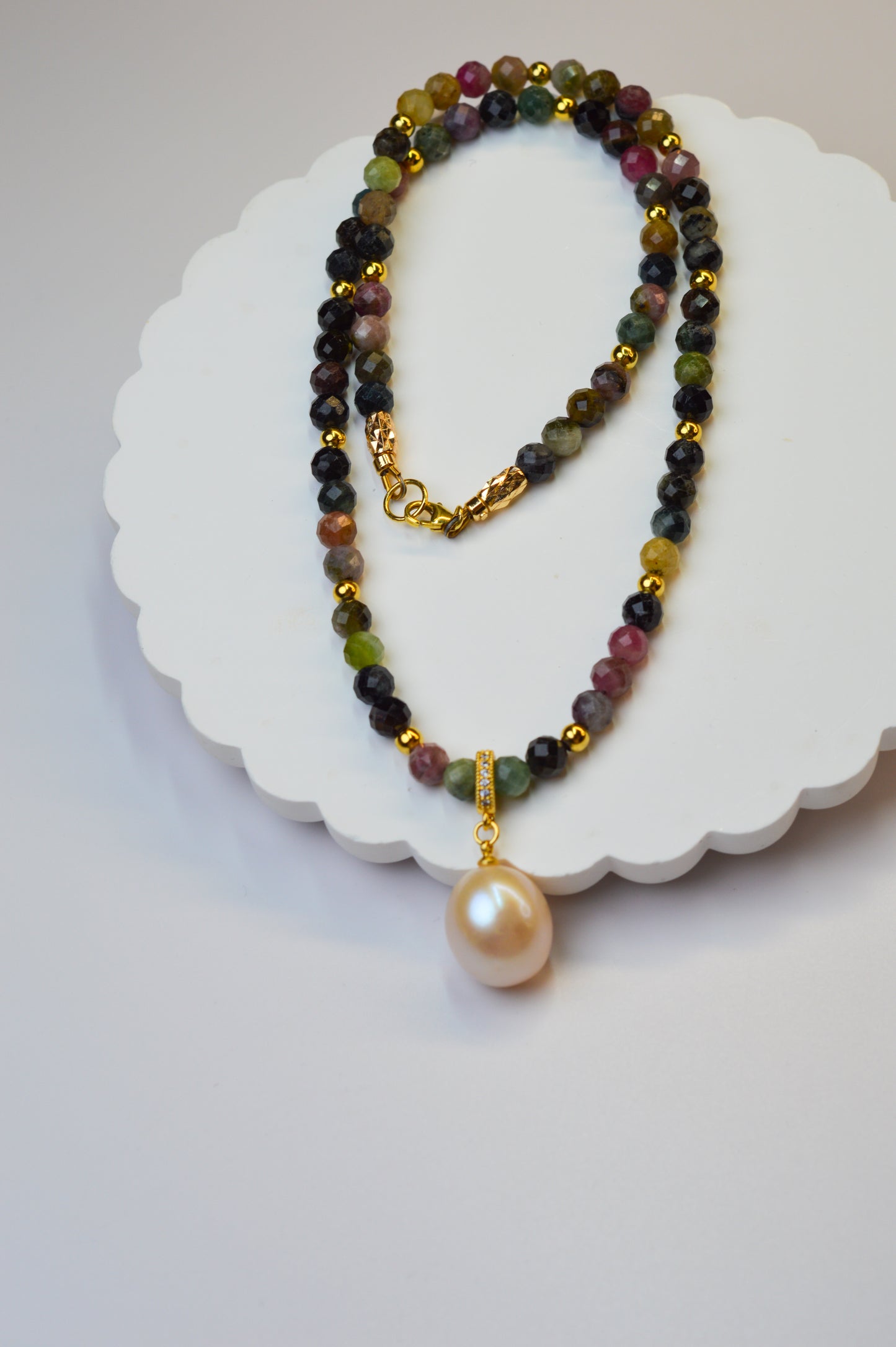 Tourmaline & King Size Edison Pearl Pendant Necklace 19"