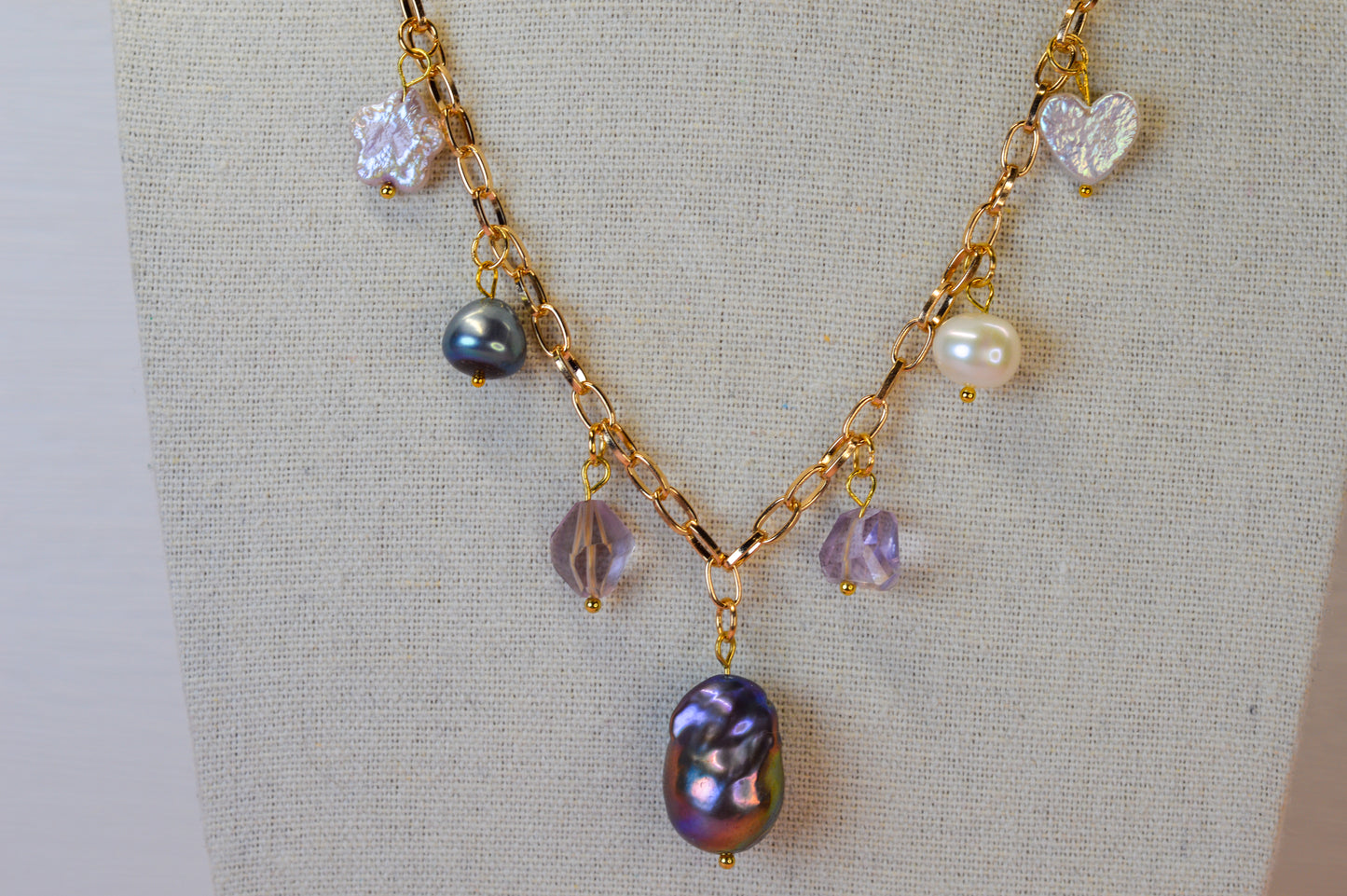 Pearl & Ametrine Charm Necklace - 16.5" to 18.5"