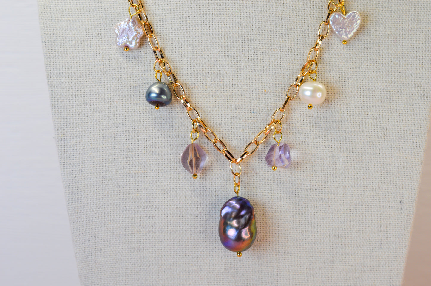 Pearl & Ametrine Charm Necklace - 16.5" to 18.5"
