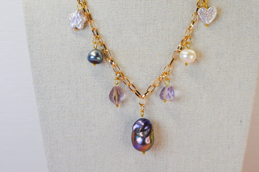 Pearl & Ametrine Charm Necklace - 16.5" to 18.5"