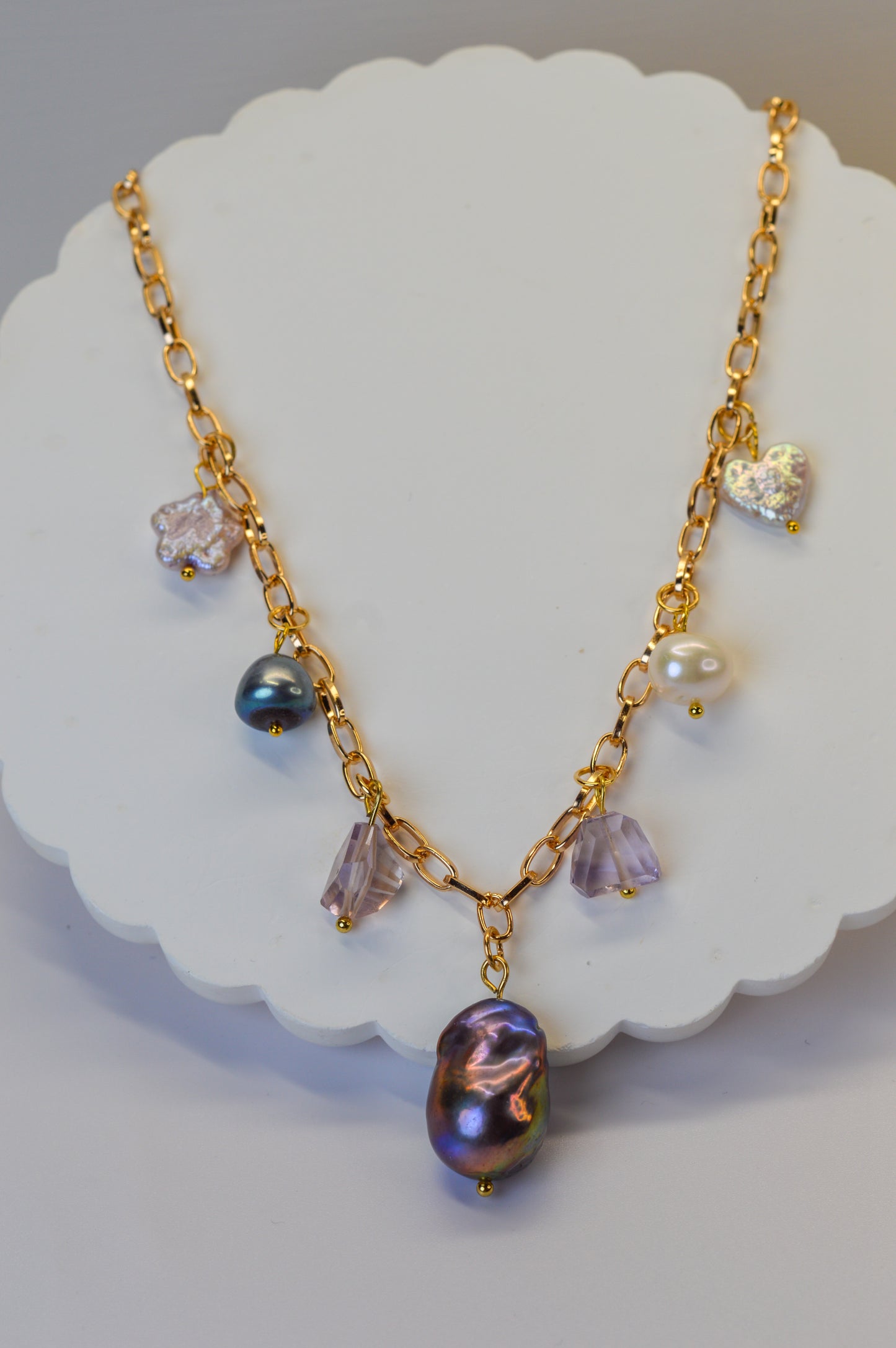 Pearl & Ametrine Charm Necklace - 16.5" to 18.5"