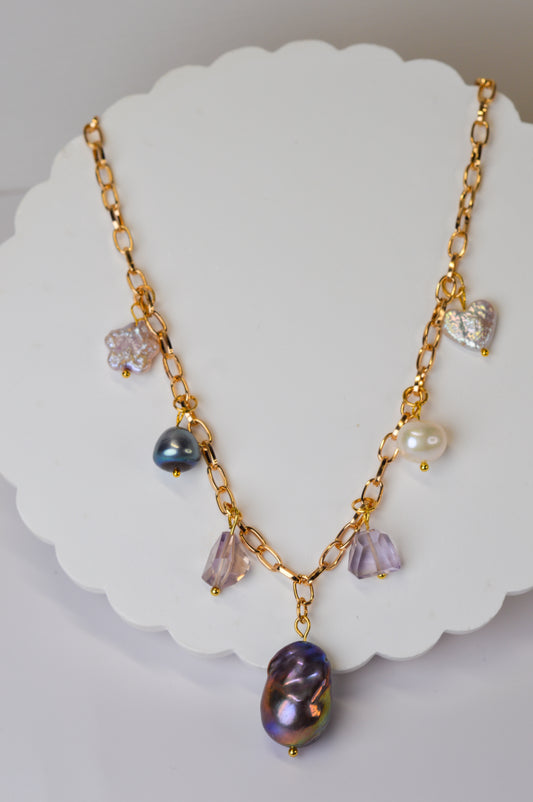 Pearl & Ametrine Charm Necklace - 16.5" to 18.5"