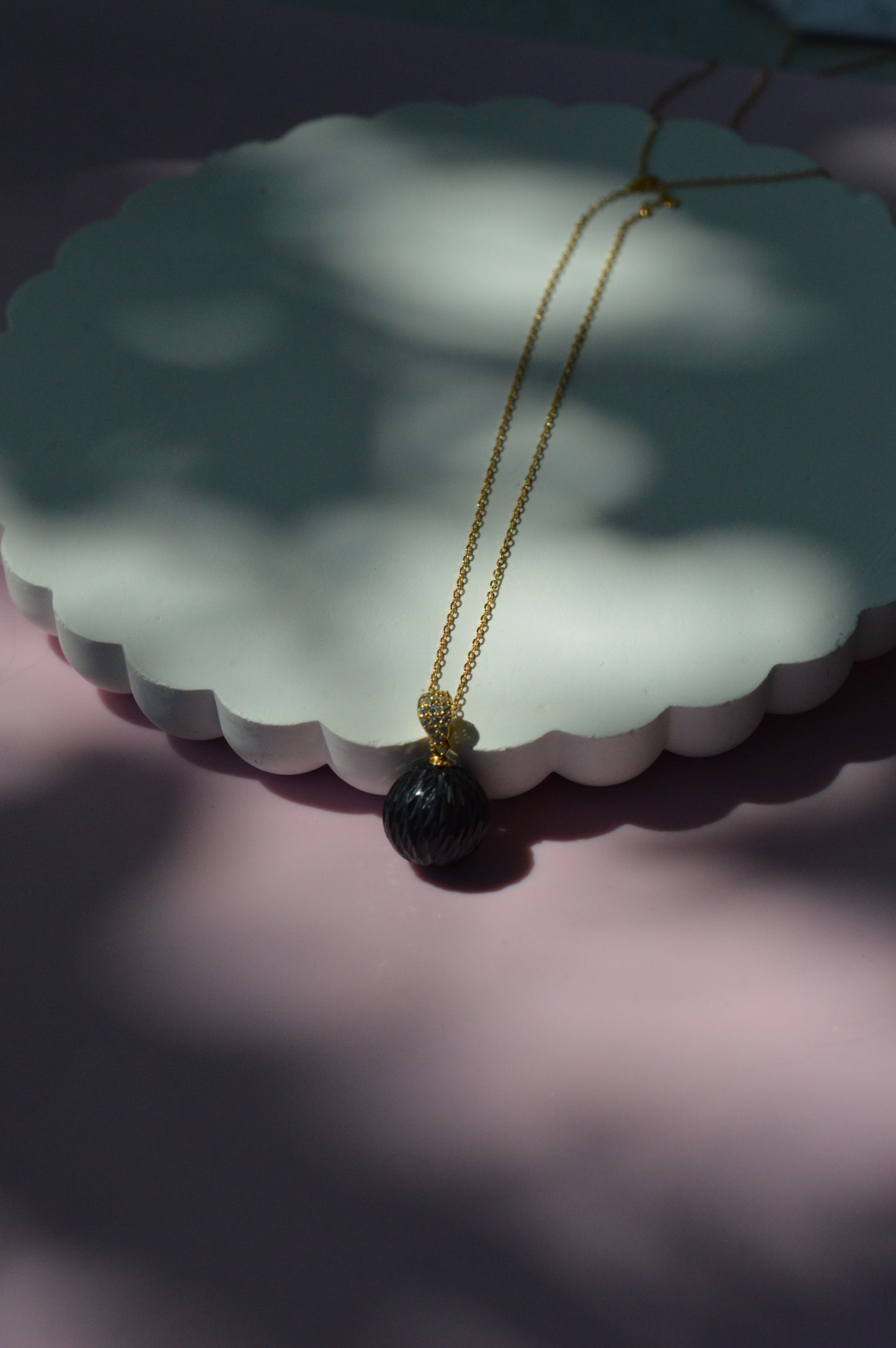 19.5" Tahitian Pearl Carved Necklace - Gold Plated Sterling Silver