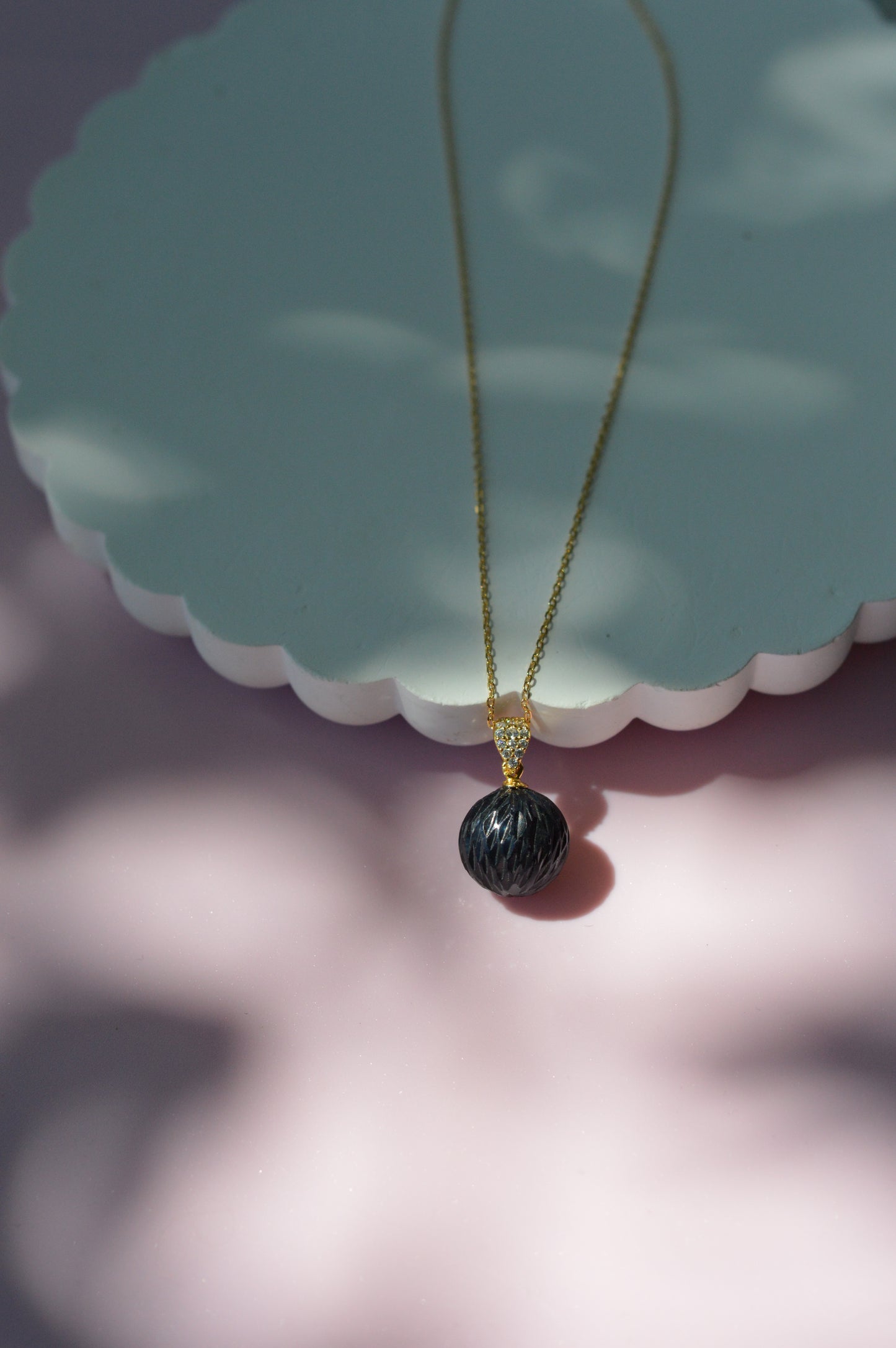 19.5" Tahitian Pearl Carved Necklace - Gold Plated Sterling Silver