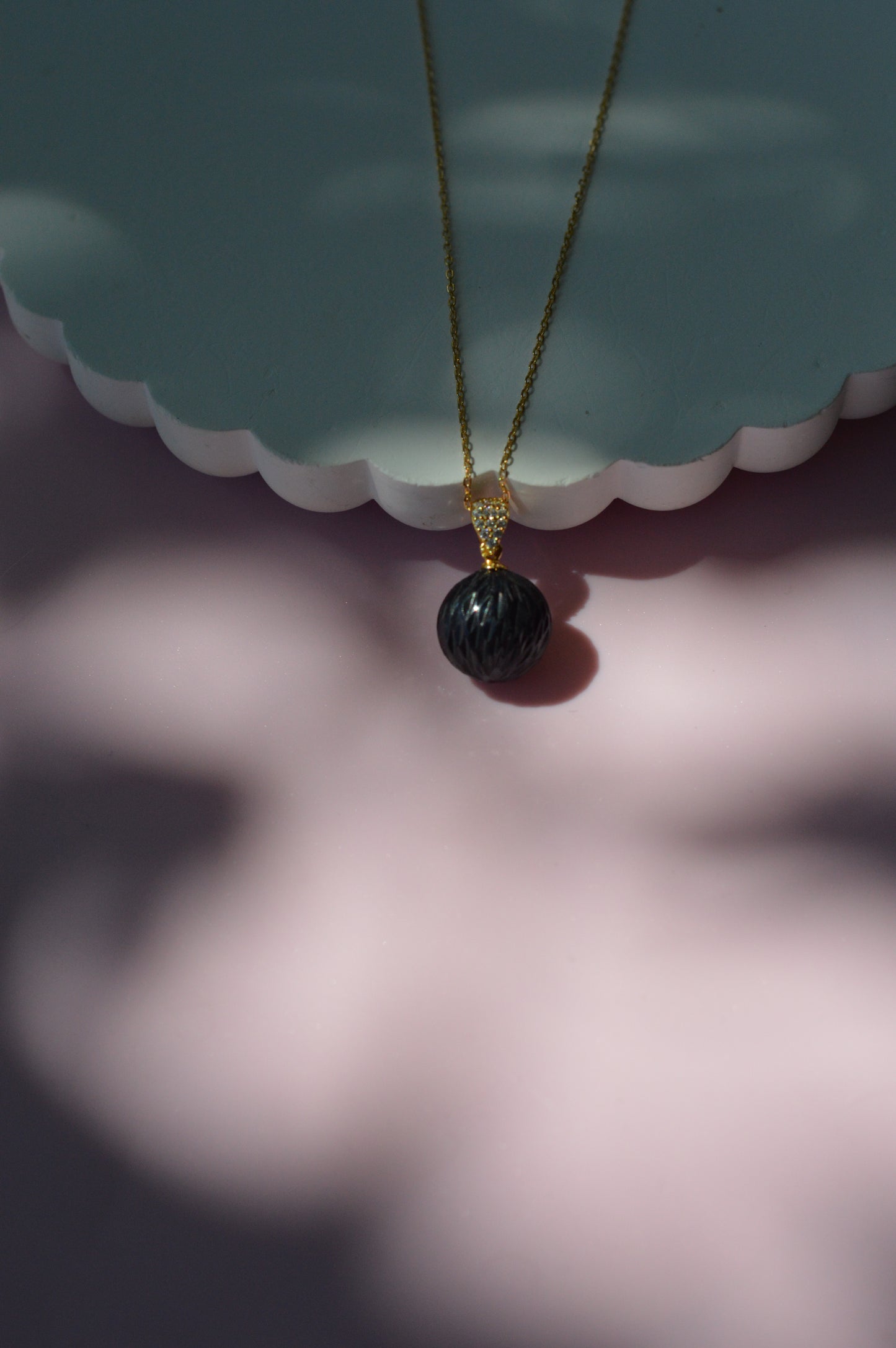 19.5" Tahitian Pearl Carved Necklace - Gold Plated Sterling Silver