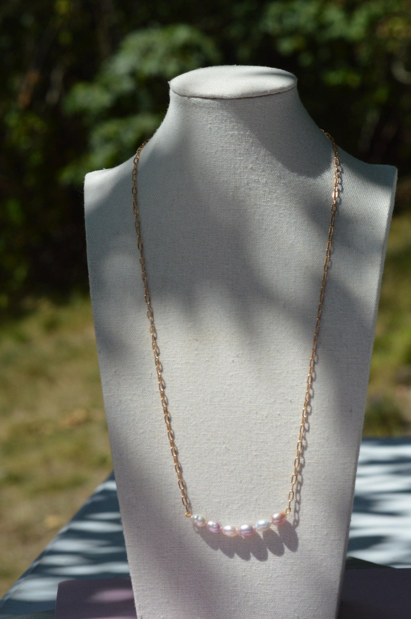 23" Pink & White Freshwater Pearl Necklace – Gold Plated Chain