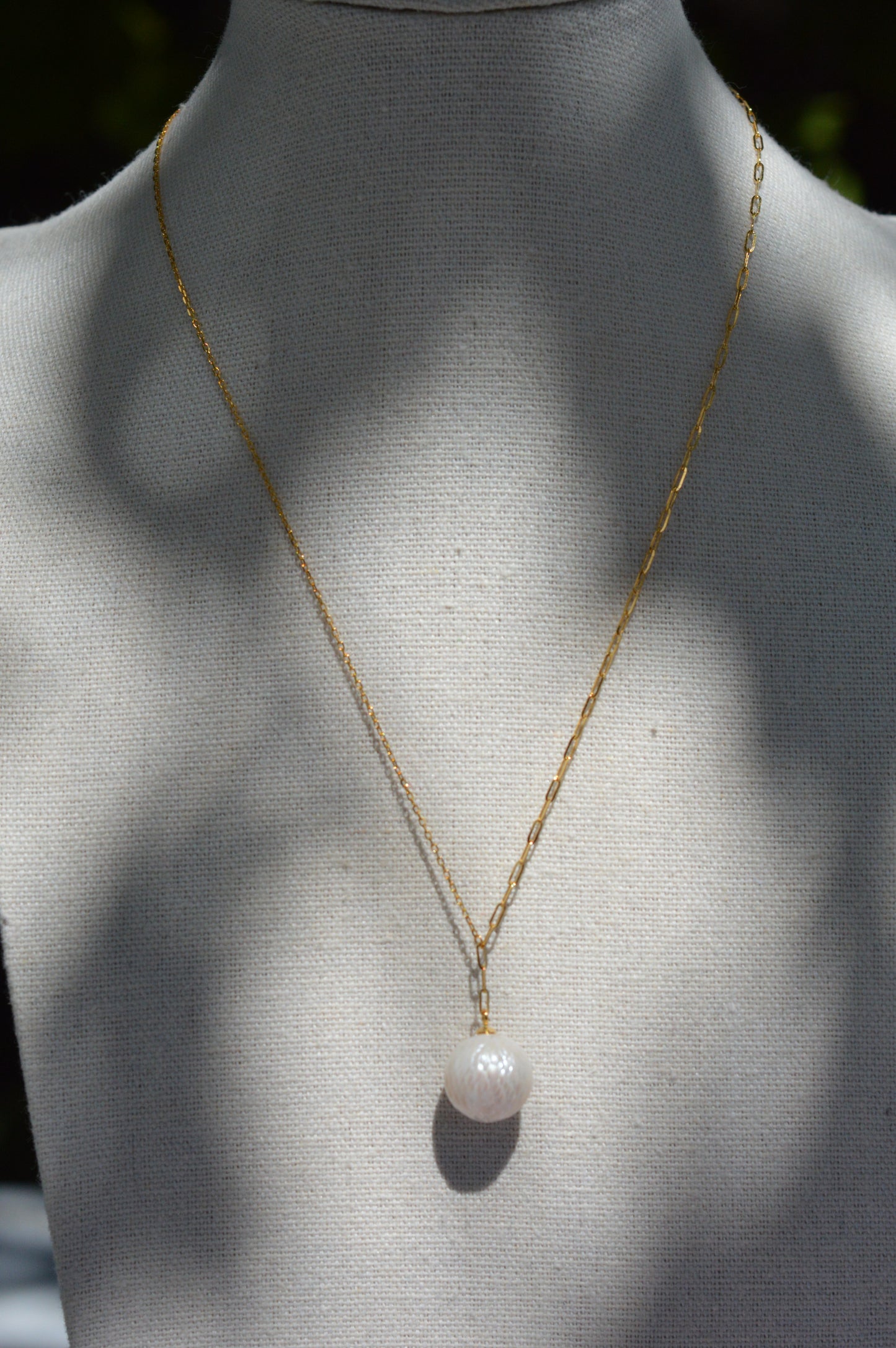 16-18" White Edison Pearl Carved Necklace - Gold Plated Sterling Silver