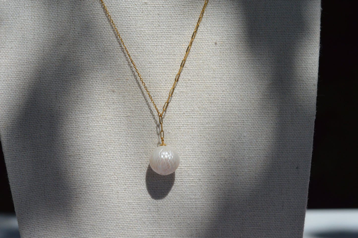 16-18" White Edison Pearl Carved Necklace - Gold Plated Sterling Silver