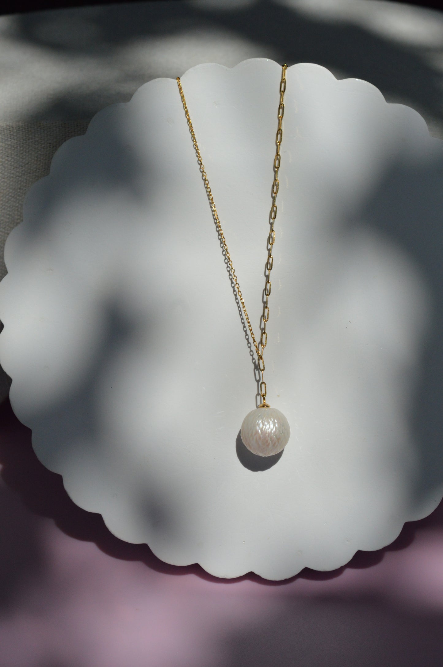 16-18" White Edison Pearl Carved Necklace - Gold Plated Sterling Silver