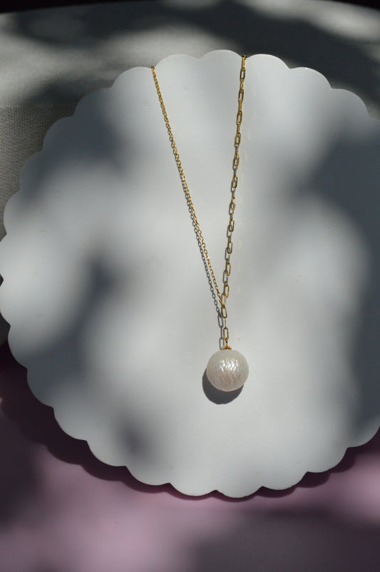 16-18" White Edison Pearl Carved Necklace - Gold Plated Sterling Silver