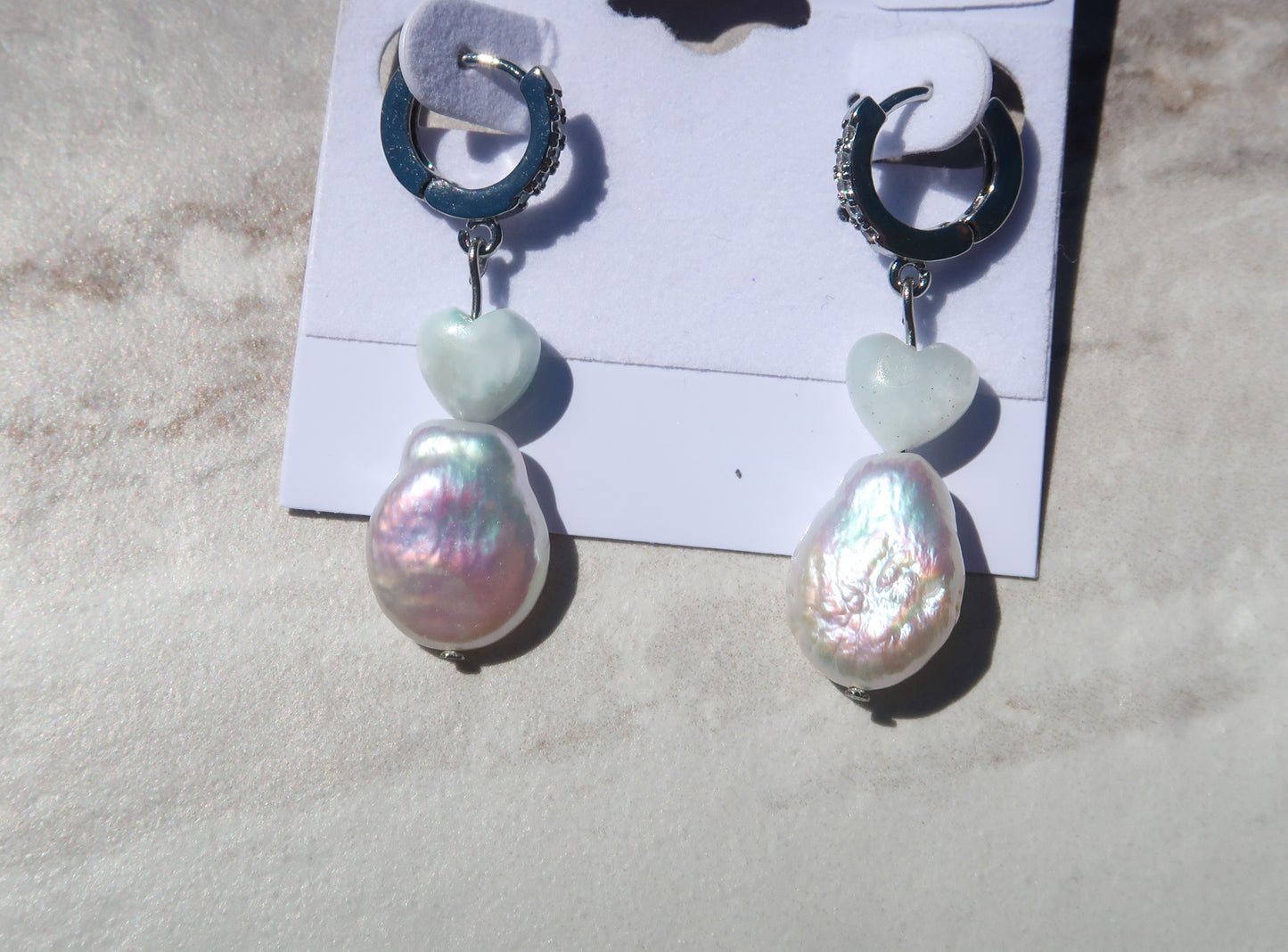 Larimar Heart & Pearl Silver Hoops