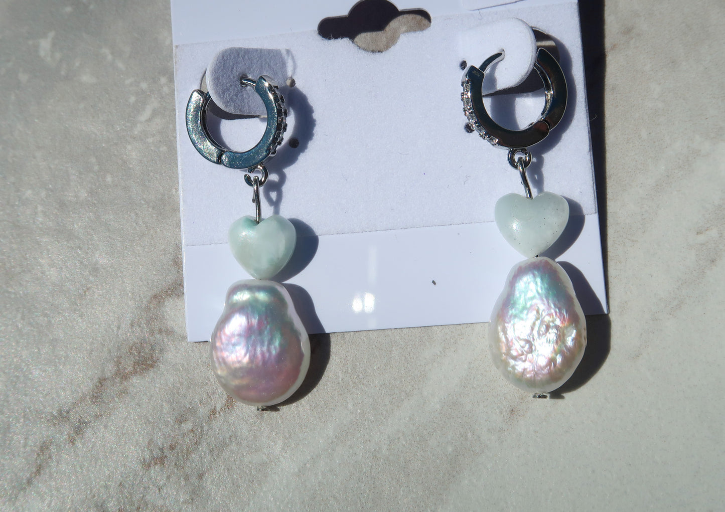 Larimar Heart & Pearl Silver Hoops