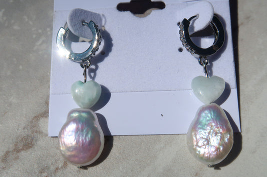 Larimar Heart & Pearl Silver Hoops