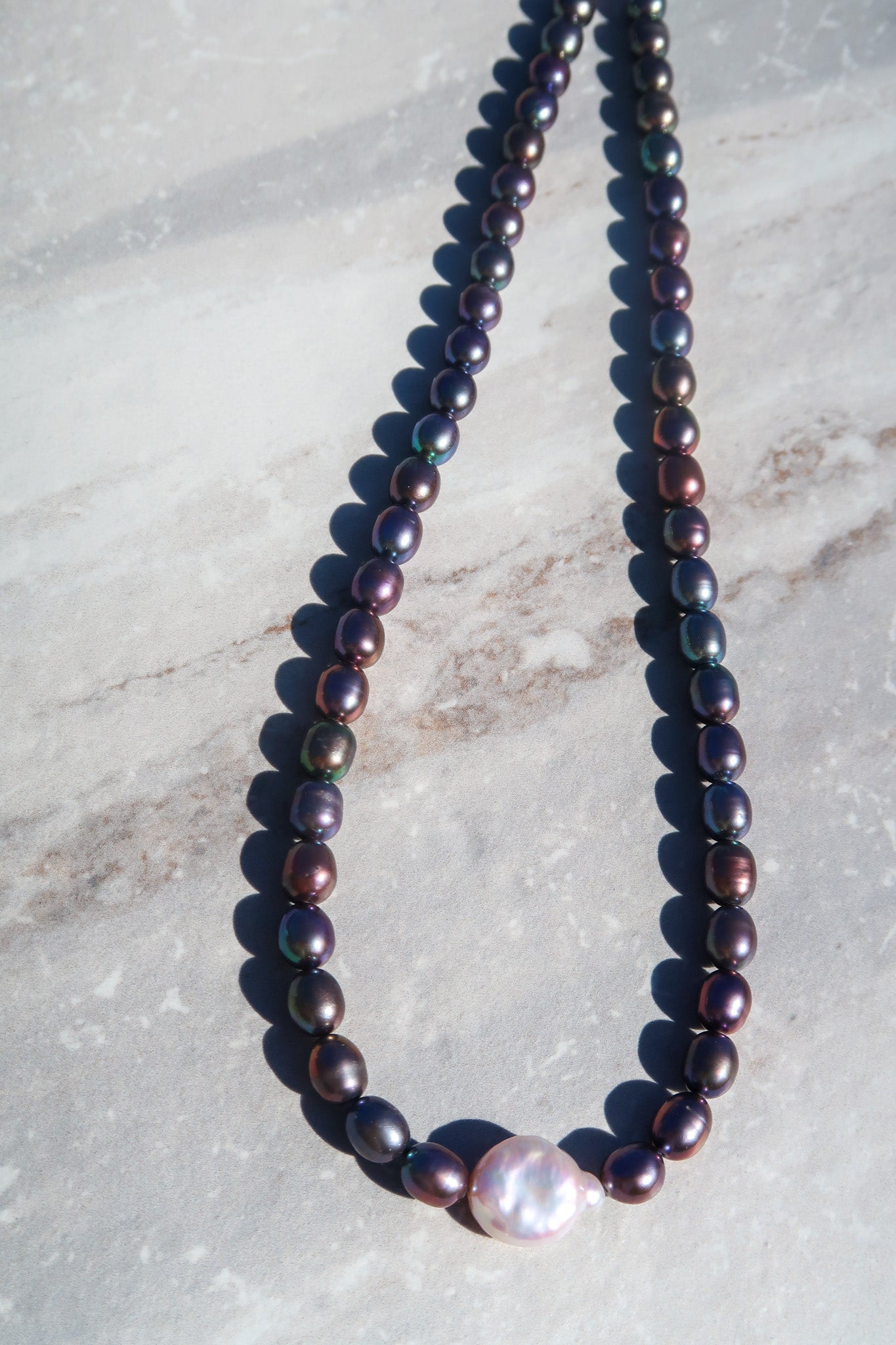 High Luster Peacock & Coin Pearl Necklace - Sterling Silver Clasp