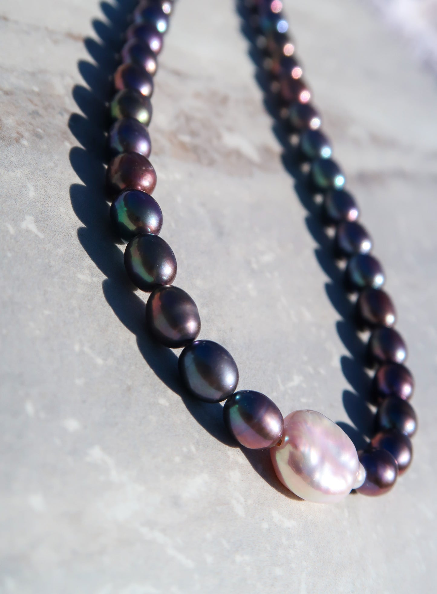 High Luster Peacock & Coin Pearl Necklace - Sterling Silver Clasp