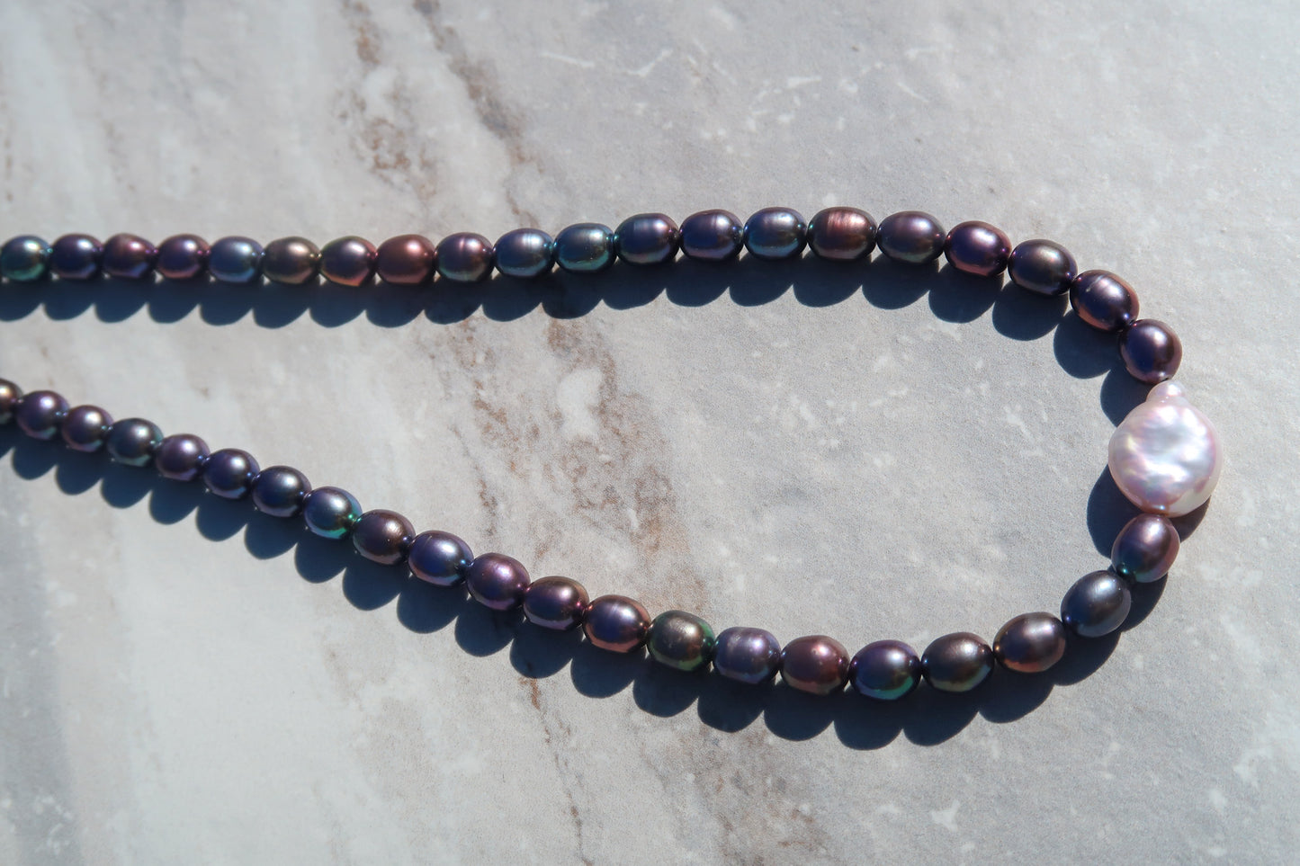 High Luster Peacock & Coin Pearl Necklace - Sterling Silver Clasp