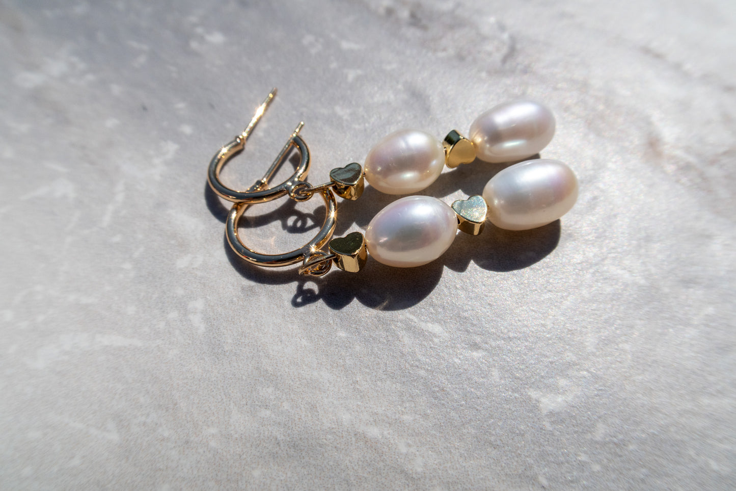 Gold Filled Pearl & Heart Hoops