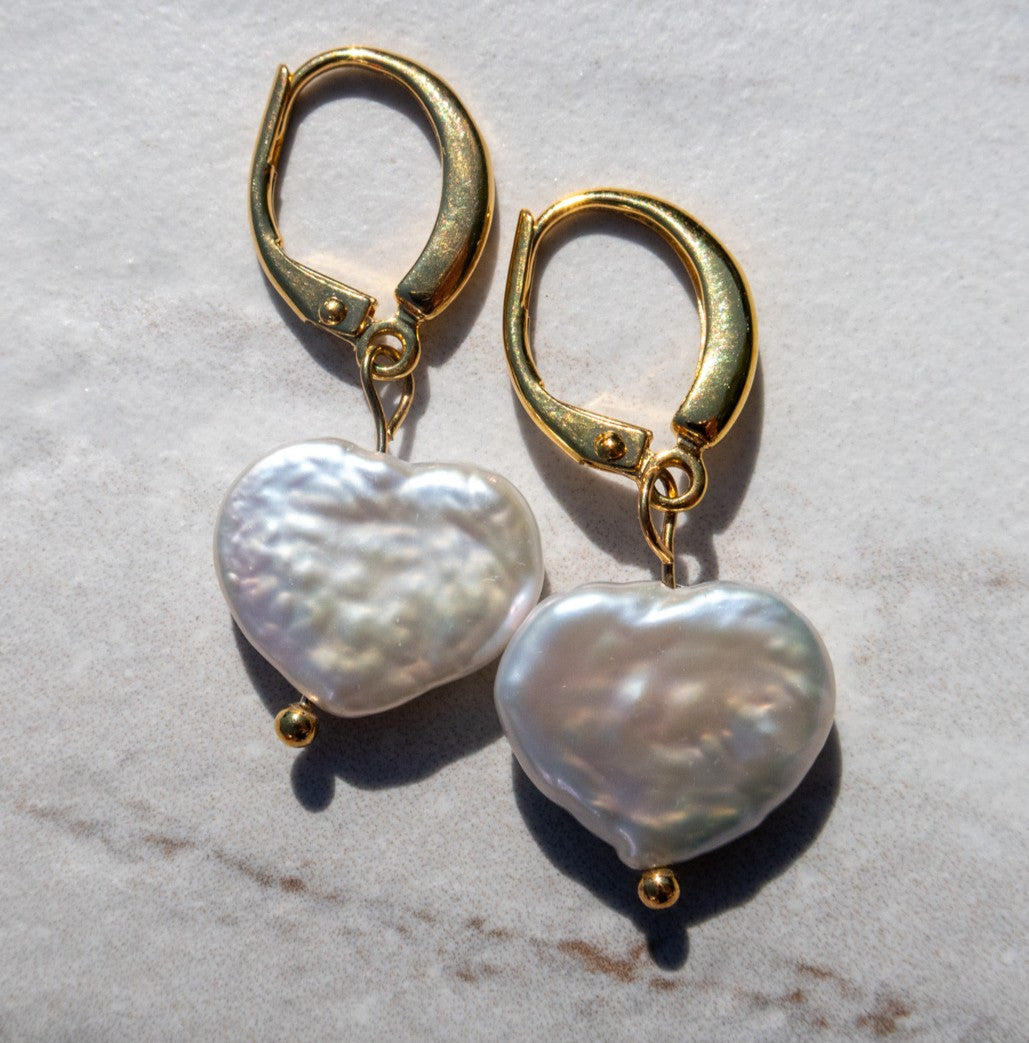 Heart Freshwater Pearls - Gold Plated Sterling Silver Hoops