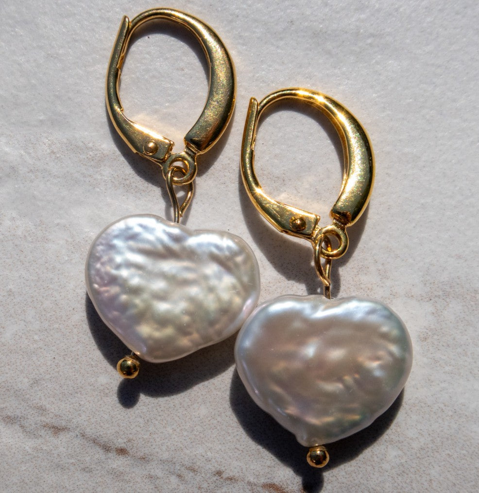 Heart Freshwater Pearls - Gold Plated Sterling Silver Hoops