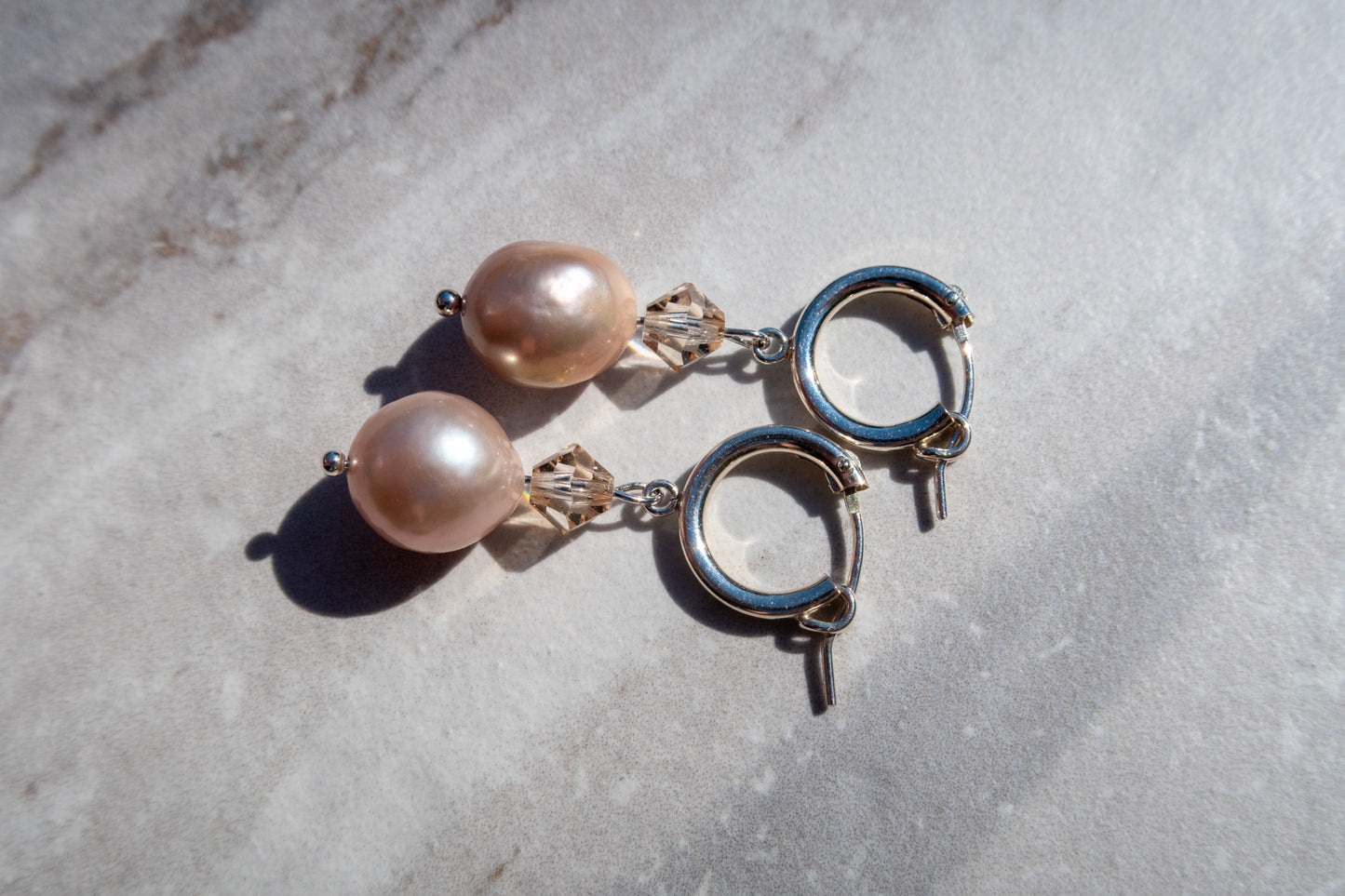 Stunning Natural Pinky Pearl Hoops - Silver