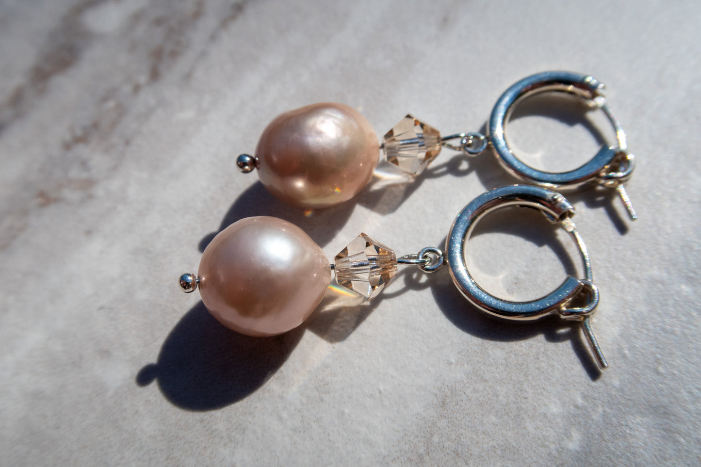 Stunning Natural Pinky Pearl Hoops - Silver