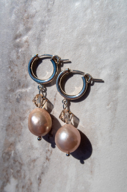 Stunning Natural Pinky Pearl Hoops - Silver