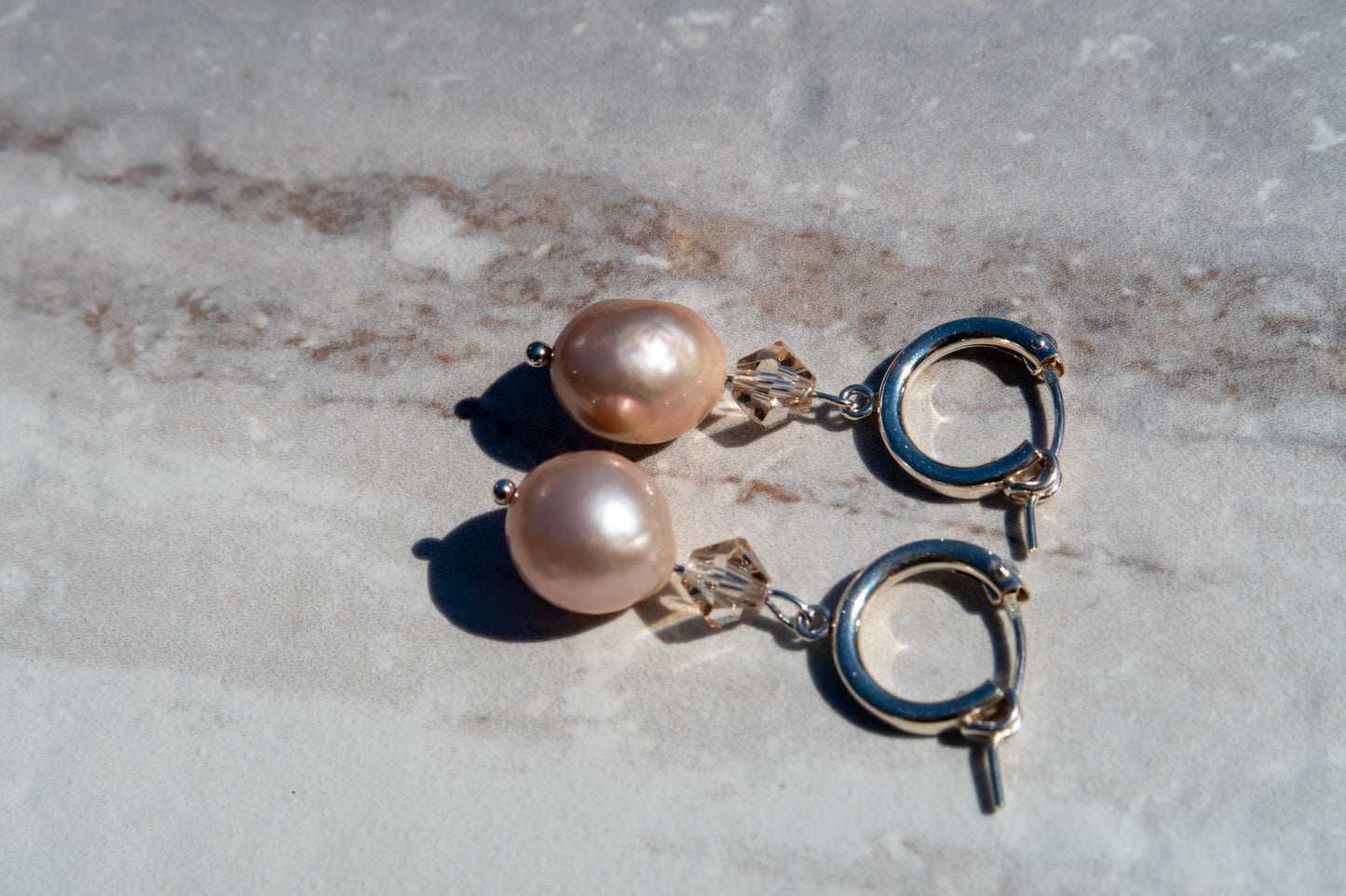 Stunning Natural Pinky Pearl Hoops - Silver