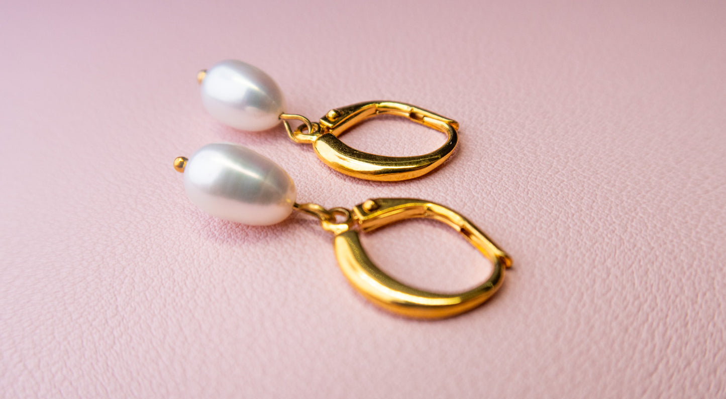 Simple White Drop Pearl Earrings - Gold Plated Sterling Silver