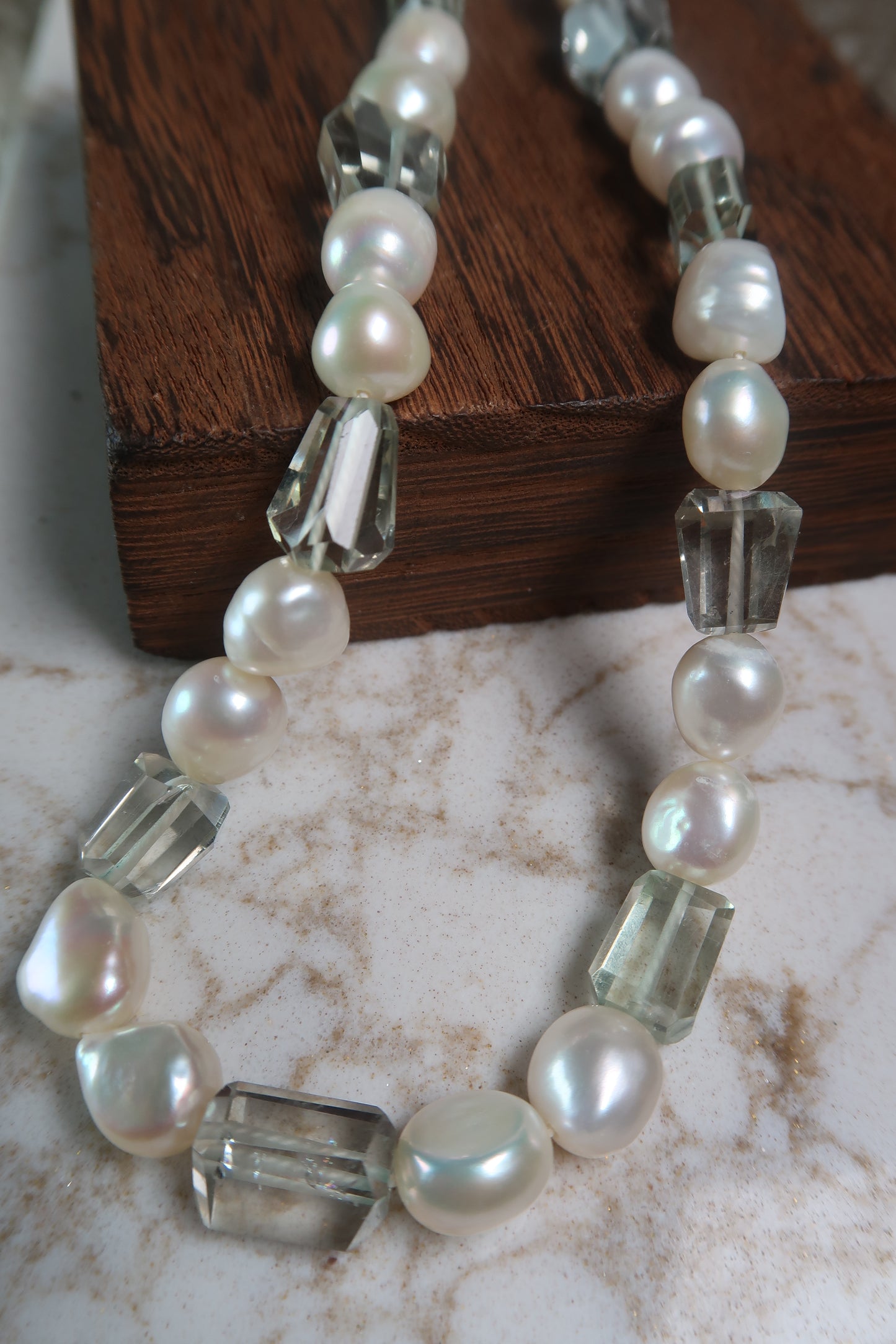 Green Amethyst & Pearl Necklace - Silver Clasp