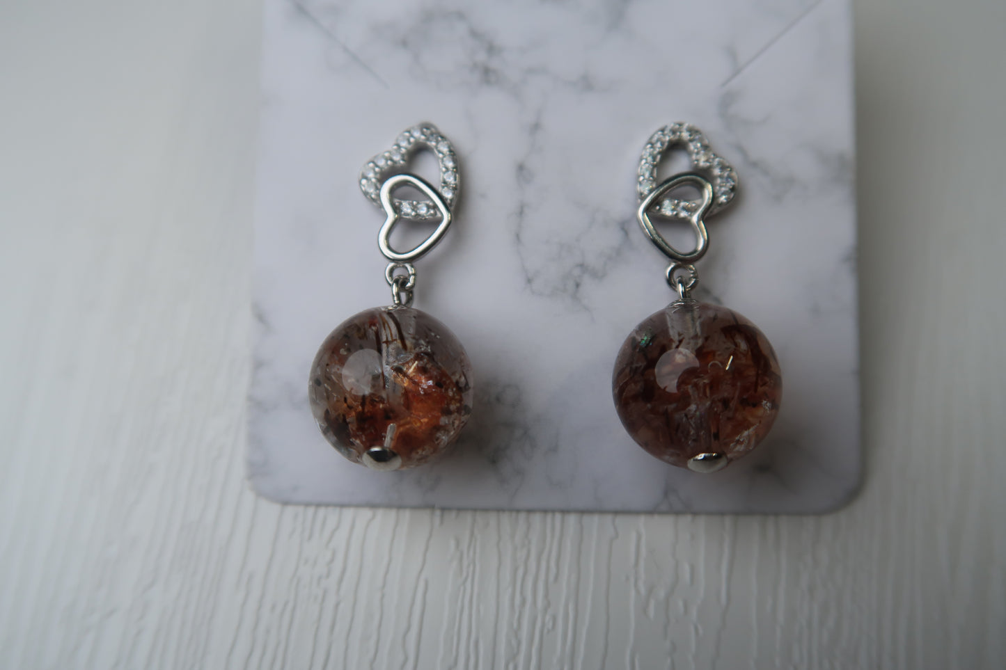 Rutilated Fire Quartz- Sterling Silver Heart Studs
