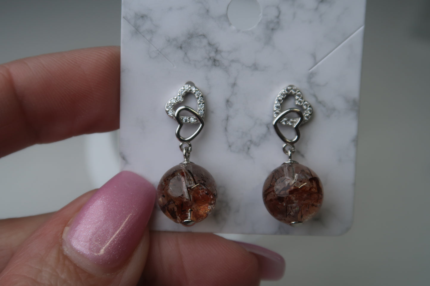 Rutilated Fire Quartz- Sterling Silver Heart Studs