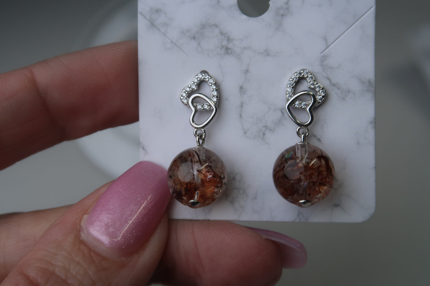 Rutilated Fire Quartz- Sterling Silver Heart Studs