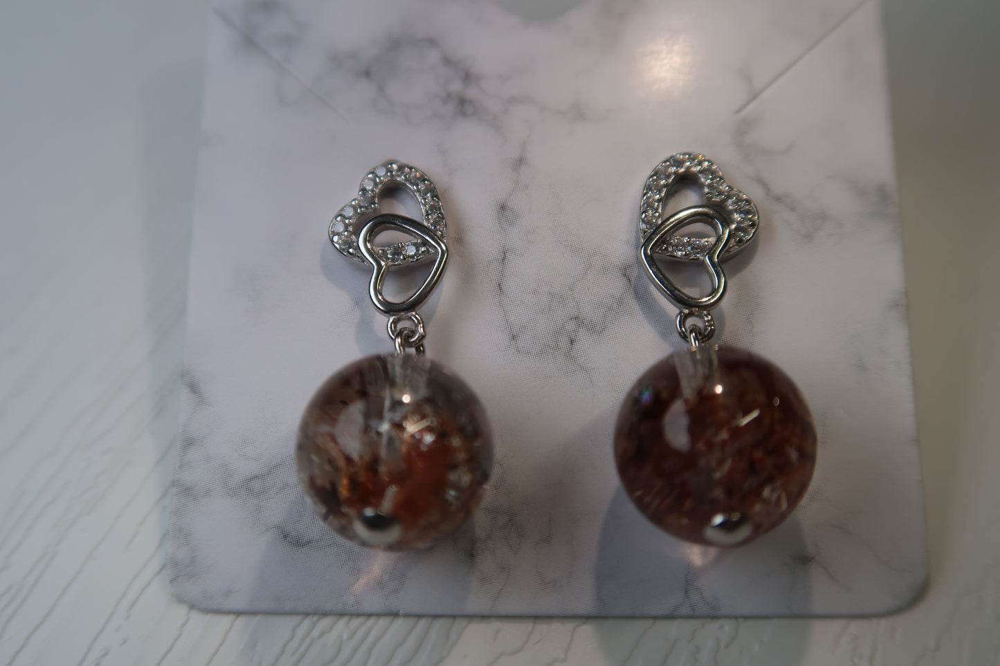 Rutilated Fire Quartz- Sterling Silver Heart Studs