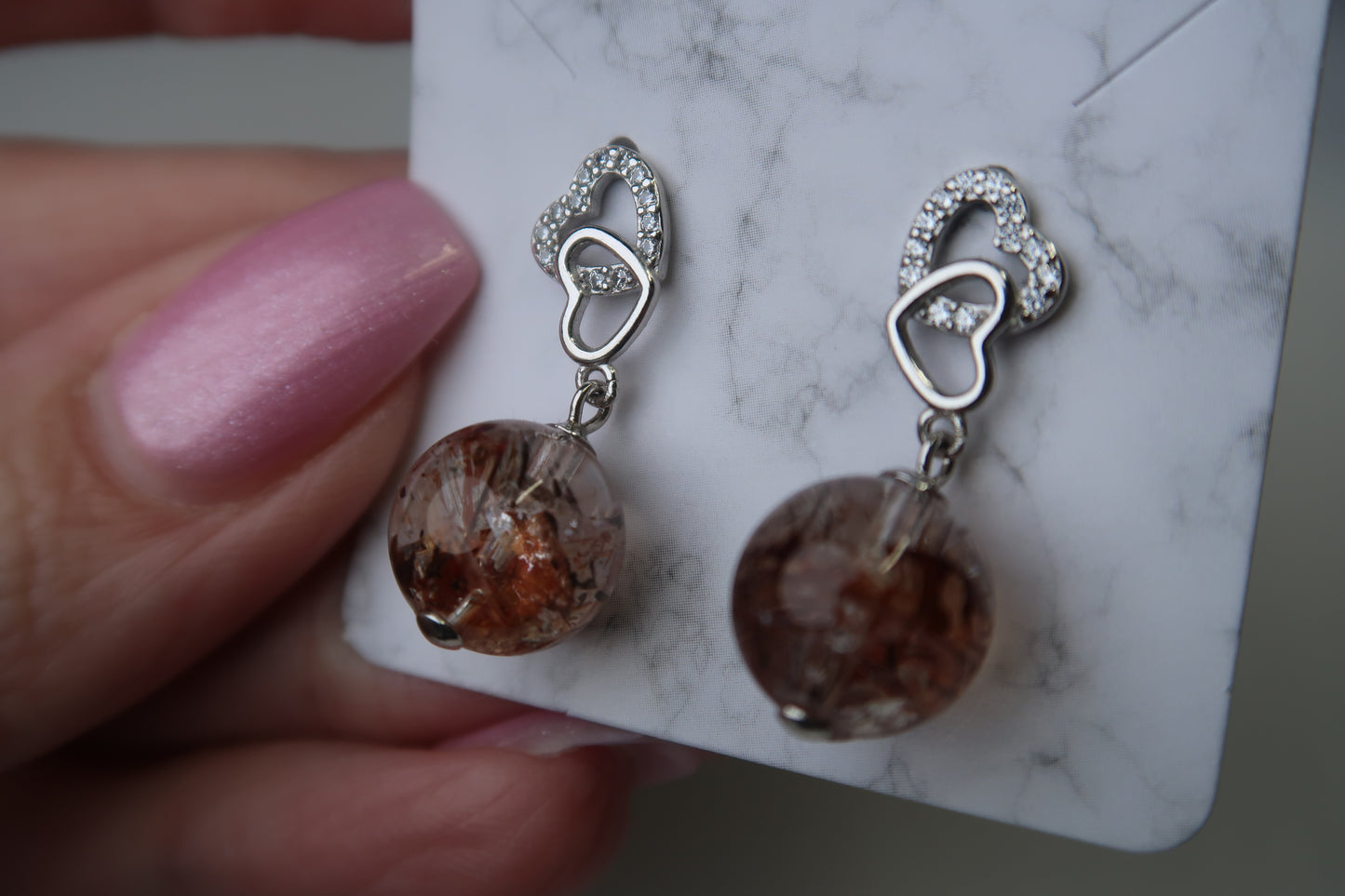 Rutilated Fire Quartz- Sterling Silver Heart Studs