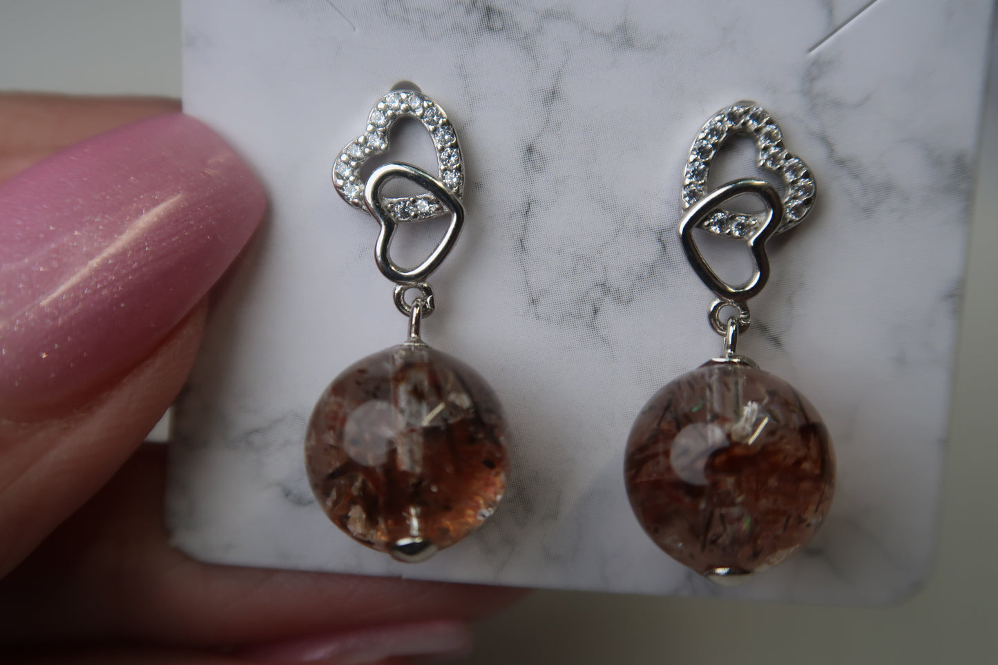 Rutilated Fire Quartz- Sterling Silver Heart Studs