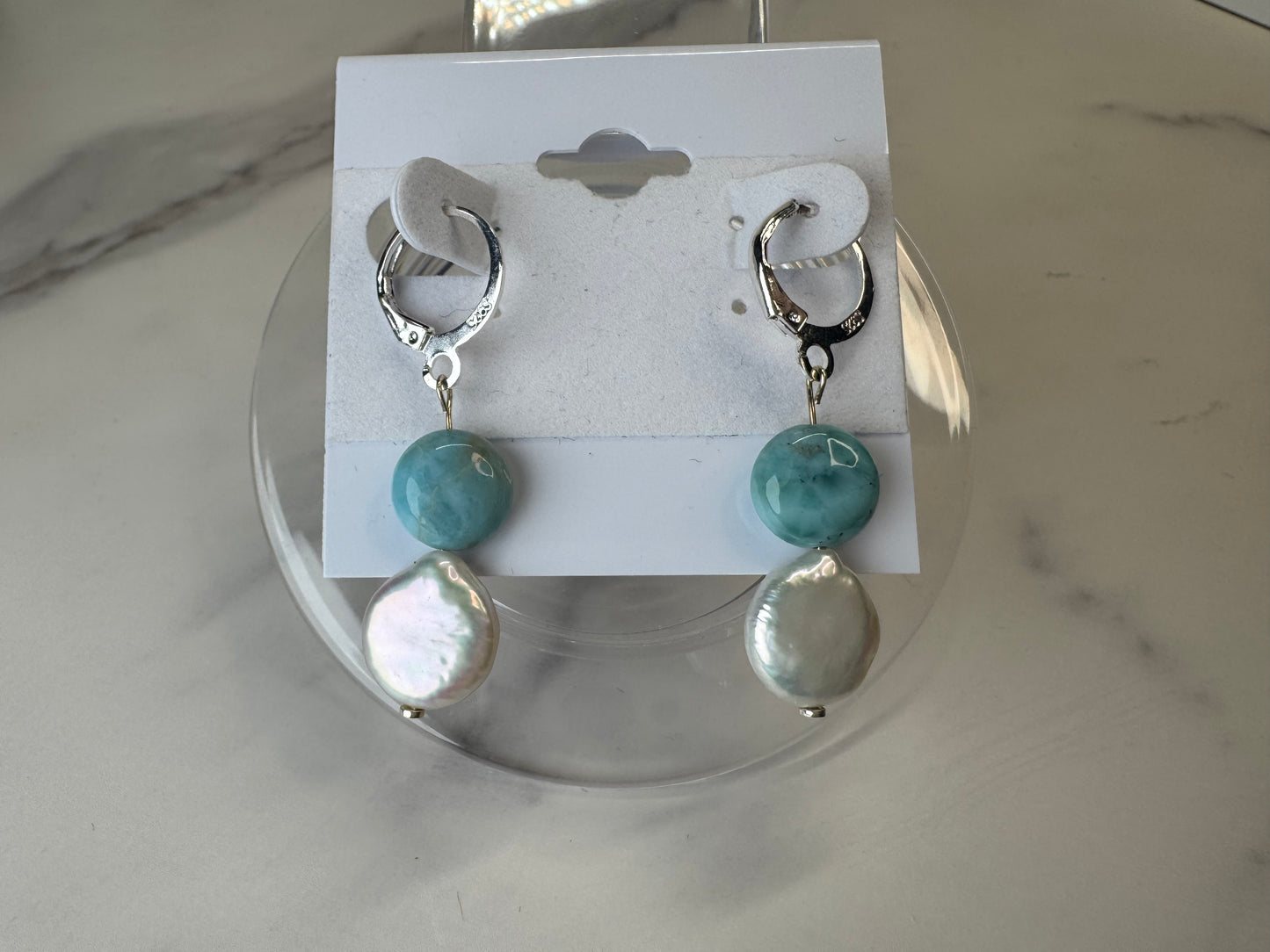 Pearl & Larimar Coin Earrings