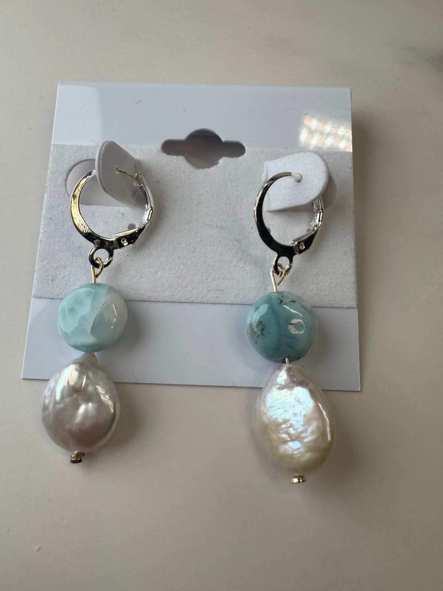 Pearl & Larimar Coin Earrings