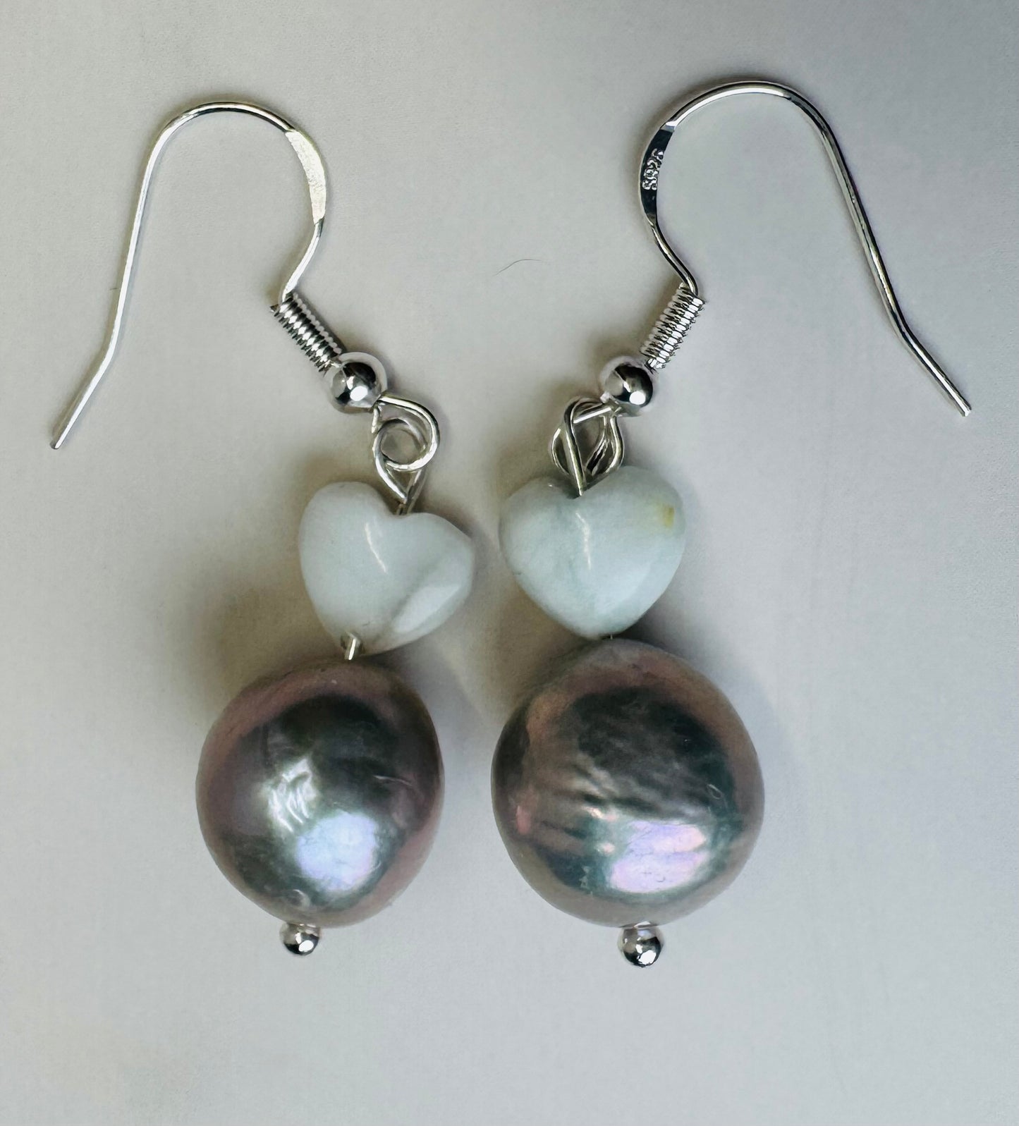 Silver Blue Pearls & Larimar Heart Earrings - 925